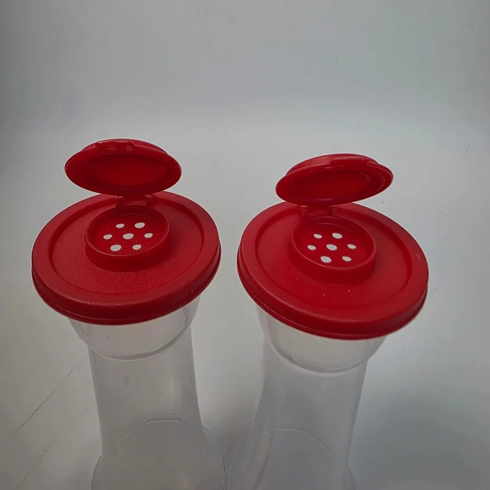 Hourglass Salt and Pepper Shakers Plastic Set Clear Red Flip Top Seals NEW